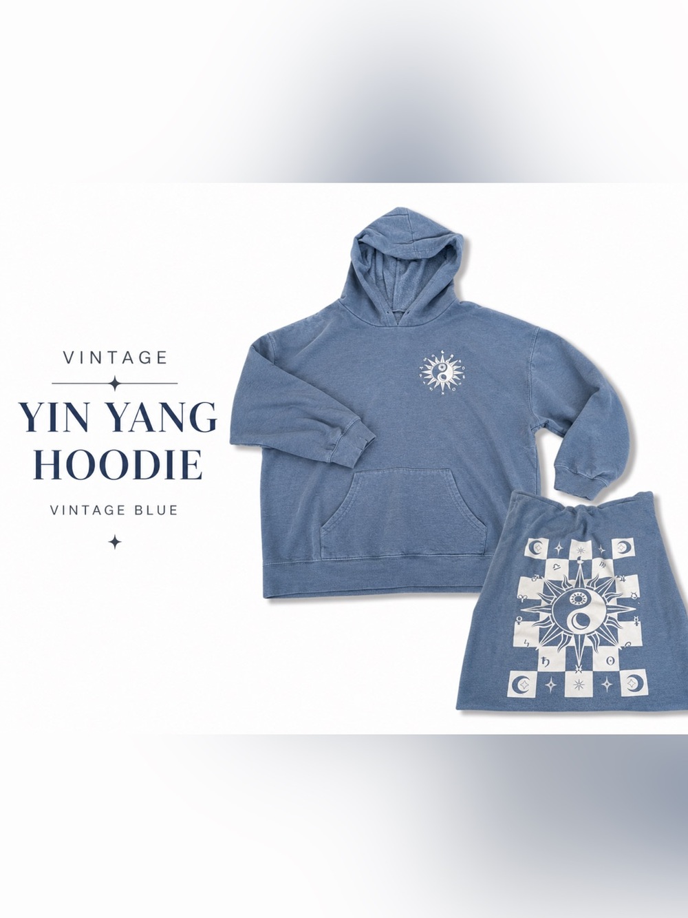 Vintage Blue Yin Yang Hoodie Size M Celestial Astrology Graphic Sweatshirt